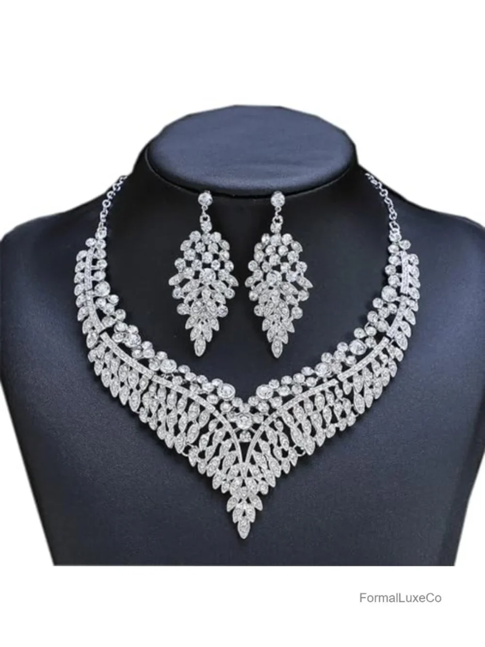 Crystal Rhinestone Statement Necklace and Dangle Earrings Jewelry Set